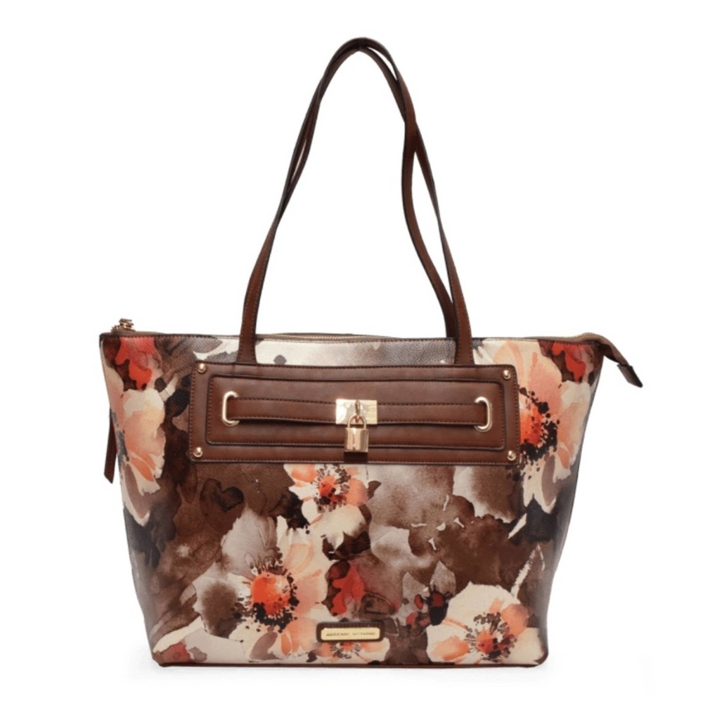 Adrienne Vittadini Brown Botanical Gardens Lock Tote Large Handbag